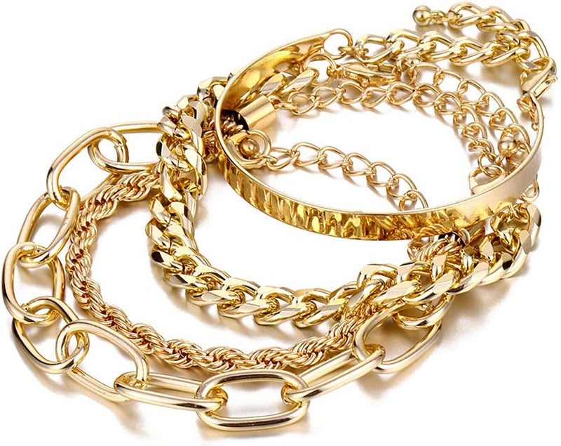 IFKM Gold Bracelets for Women, 14K Gold Plated Dainty Layered Chain Bracelets Adjustable Cute Bangle Link Bracelet Set - Image 1